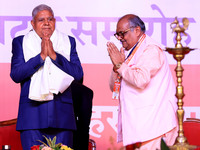 Vice President Jagdeep Dhankhar is welcomed during the inauguration of the 'Hindu Spiritual and Service Fair' in Jaipur, Rajasthan, India, o...