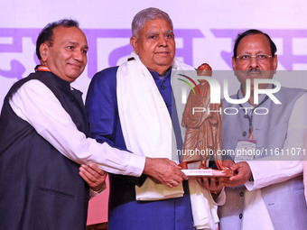 Vice President Jagdeep Dhankhar is welcomed during the inauguration of the 'Hindu Spiritual and Service Fair' in Jaipur, Rajasthan, India, o...