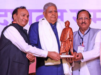 Vice President Jagdeep Dhankhar is welcomed during the inauguration of the 'Hindu Spiritual and Service Fair' in Jaipur, Rajasthan, India, o...