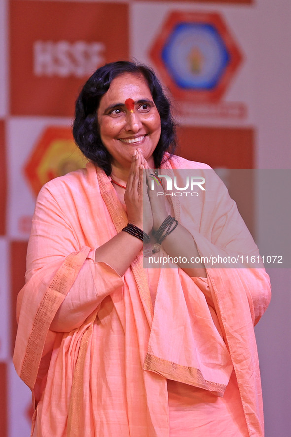 Sadhvi Ritambhara, a Hinduism religious leader, attends the inauguration of the 'Hindu Spiritual and Service Fair' in Jaipur, Rajasthan, Ind...