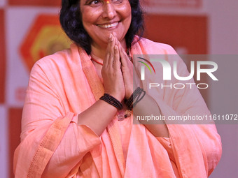 Sadhvi Ritambhara, a Hinduism religious leader, attends the inauguration of the 'Hindu Spiritual and Service Fair' in Jaipur, Rajasthan, Ind...