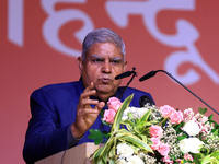 Vice President Jagdeep Dhankhar addresses a gathering during the inauguration of the 'Hindu Spiritual and Service Fair' in Jaipur, Rajasthan...