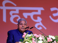 Vice President Jagdeep Dhankhar addresses a gathering during the inauguration of the 'Hindu Spiritual and Service Fair' in Jaipur, Rajasthan...