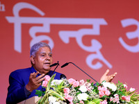 Vice President Jagdeep Dhankhar addresses a gathering during the inauguration of the 'Hindu Spiritual and Service Fair' in Jaipur, Rajasthan...