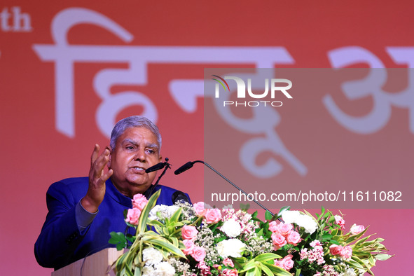 Vice President Jagdeep Dhankhar addresses a gathering during the inauguration of the 'Hindu Spiritual and Service Fair' in Jaipur, Rajasthan...