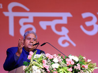 Vice President Jagdeep Dhankhar addresses a gathering during the inauguration of the 'Hindu Spiritual and Service Fair' in Jaipur, Rajasthan...