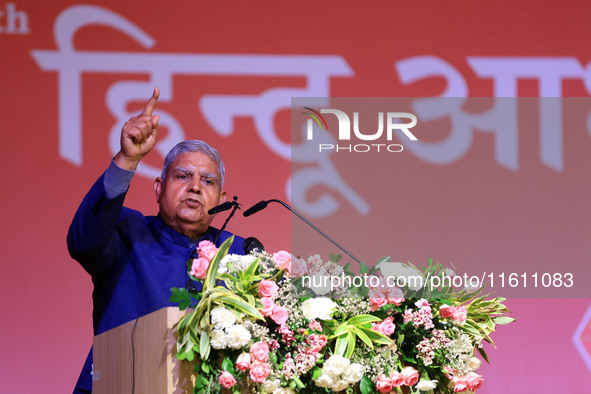 Vice President Jagdeep Dhankhar addresses a gathering during the inauguration of the 'Hindu Spiritual and Service Fair' in Jaipur, Rajasthan...