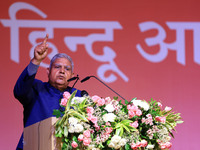 Vice President Jagdeep Dhankhar addresses a gathering during the inauguration of the 'Hindu Spiritual and Service Fair' in Jaipur, Rajasthan...