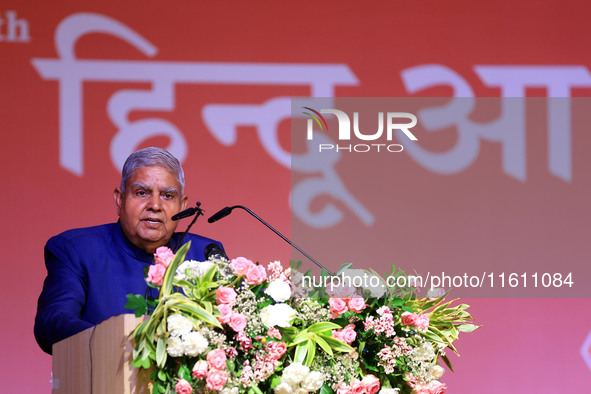 Vice President Jagdeep Dhankhar addresses a gathering during the inauguration of the 'Hindu Spiritual and Service Fair' in Jaipur, Rajasthan...