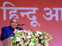 Vice President Jagdeep Dhankhar addresses a gathering during the inauguration of the 'Hindu Spiritual and Service Fair' in Jaipur, Rajasthan...