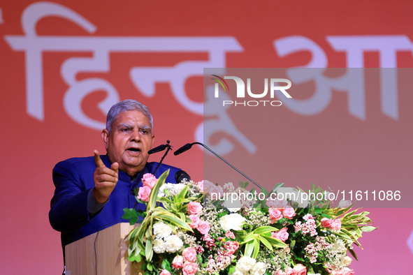 Vice President Jagdeep Dhankhar addresses a gathering during the inauguration of the 'Hindu Spiritual and Service Fair' in Jaipur, Rajasthan...