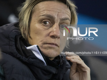 Manager of Paris FC Sandrine Soubeyrand during the UEFA Women's Champions League Second Round 2nd Leg match between Manchester City and Pari...