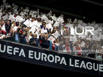 The atmosphere in the stadium during the match between Ajax and Besiktas at the Johan Cruijff ArenA for the UEFA Europa League - League phas...