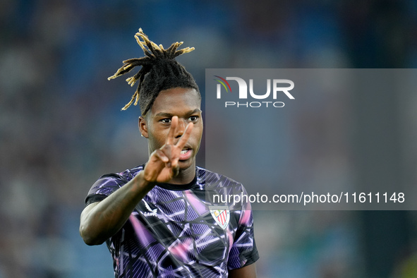 Nico Williams of Athletic Club looks on during the UEFA Europa League 2024/25 League Phase MD1 match between AS Roma and Athletic Club at St...