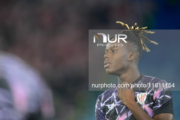 Nico Williams of Athletic Club looks on during the UEFA Europa League 2024/25 League Phase MD1 match between AS Roma and Athletic Club at St...