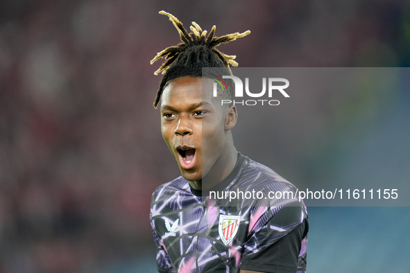 Nico Williams of Athletic Club looks on during the UEFA Europa League 2024/25 League Phase MD1 match between AS Roma and Athletic Club at St...