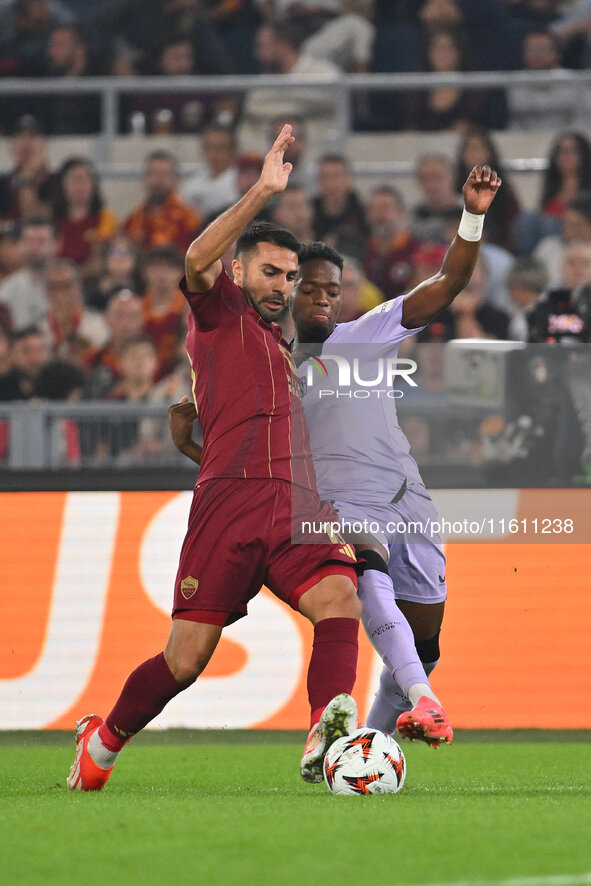 Alvaro Djalo of Athletic Club de Bilbao and Zeki Celik of A.S. Roma are in action during the UEFA Europa League 2024/25 League Phase MD1 mat...