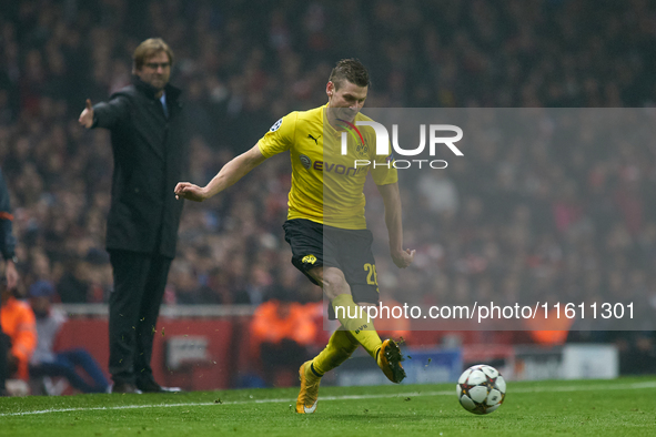 Lukasz Piszczek of Borussia Dortmund is in action during the UEFA Champions League Group D soccer match between Arsenal and Borussia Dortmun...