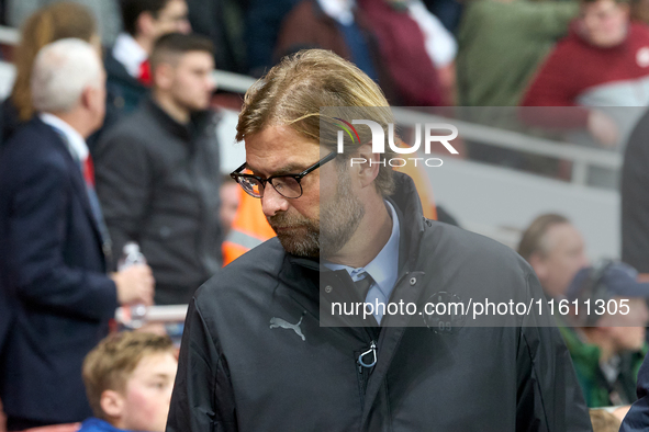 Jurgen Klopp, head coach of Borussia Dortmund, stands prior to the UEFA Champions League Group D soccer match between Arsenal and Borussia D...