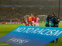 Soccer players from Arsenal pose for a team photo behind the UEFA ''No To Racism'' and ''Respect'' banner prior to the UEFA Champions League...