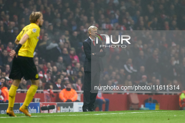 Arsene Wenger, head coach of Arsenal, during the UEFA Champions League Group D soccer match between Arsenal and Borussia Dortmund at the Emi...