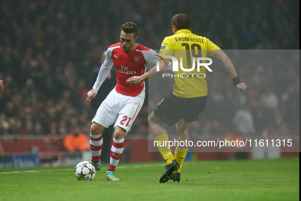 Calum Chambers of Arsenal is in action during the UEFA Champions League Group D soccer match between Arsenal and Borussia Dortmund at the Em...