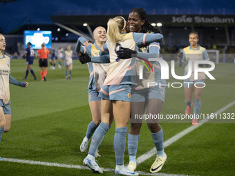 Chloe Kelly #9 of Manchester City W.F.C. celebrates her goal during the UEFA Women's Champions League Second Round 2nd Leg match between Man...