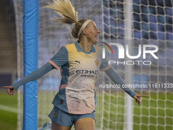 Chloe Kelly #9 of Manchester City W.F.C. celebrates her goal during the UEFA Women's Champions League Second Round 2nd Leg match between Man...