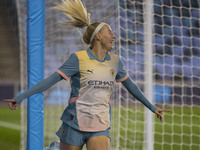 Chloe Kelly #9 of Manchester City W.F.C. celebrates her goal during the UEFA Women's Champions League Second Round 2nd Leg match between Man...