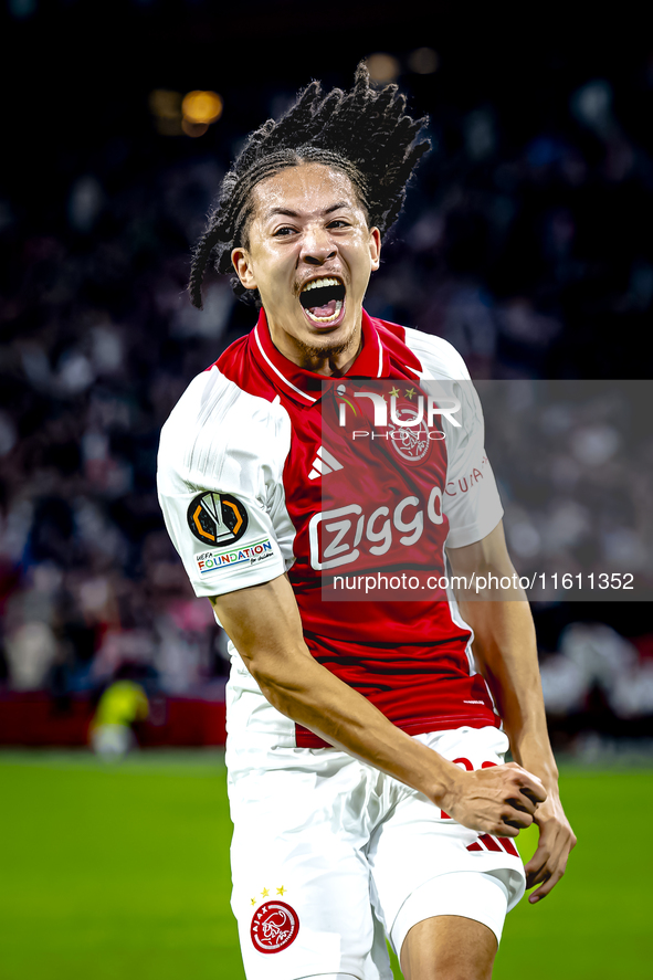 AFC Ajax Amsterdam midfielder Kian Fitz-Jim scores the 1-0 goal and celebrates during the match between Ajax and Besiktas at the Johan Cruij...