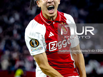 AFC Ajax Amsterdam midfielder Kian Fitz-Jim scores the 1-0 goal and celebrates during the match between Ajax and Besiktas at the Johan Cruij...