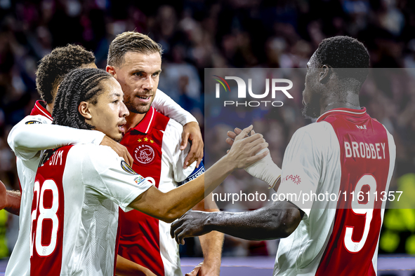 AFC Ajax Amsterdam midfielder Kian Fitz-Jim scores the 1-0 goal and celebrates during the match between Ajax and Besiktas at the Johan Cruij...