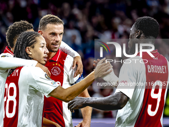 AFC Ajax Amsterdam midfielder Kian Fitz-Jim scores the 1-0 goal and celebrates during the match between Ajax and Besiktas at the Johan Cruij...