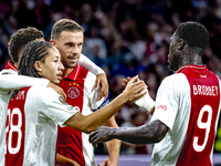 AFC Ajax Amsterdam midfielder Kian Fitz-Jim scores the 1-0 goal and celebrates during the match between Ajax and Besiktas at the Johan Cruij...