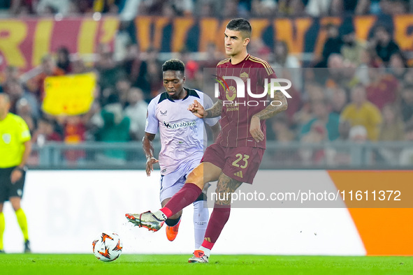 Gianluca Mancini of AS Roma and Alvaro Djalo' of Athletic Club compete for the ball during the UEFA Europa League 2024/25 League Phase MD1 m...