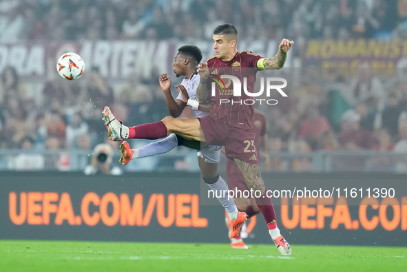 Alvaro Djalo' of Athletic Club and Gianluca Mancini of AS Roma compete for the ball during the UEFA Europa League 2024/25 League Phase MD1 m...