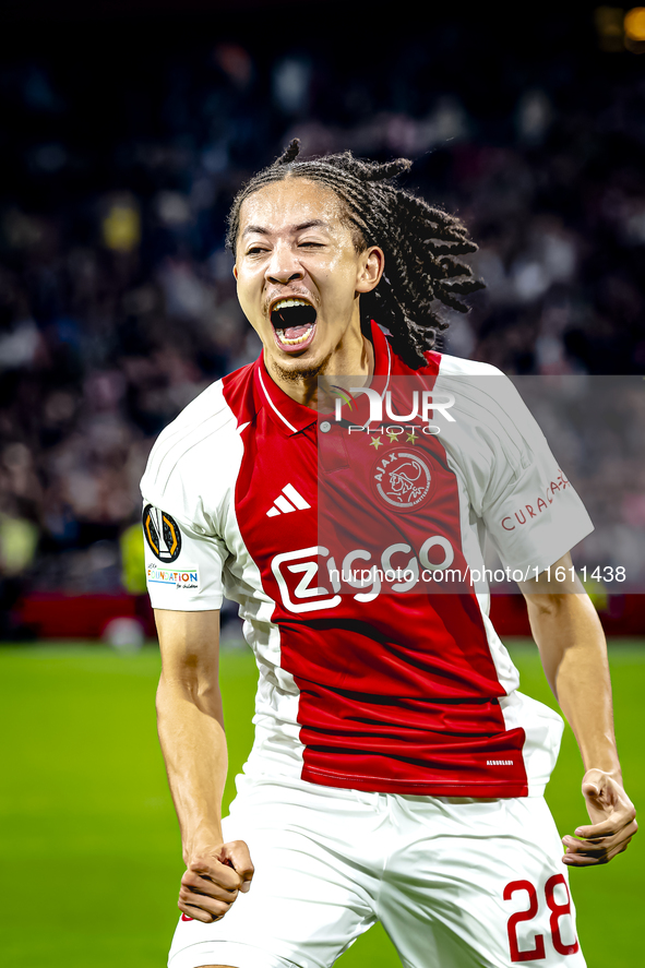 AFC Ajax Amsterdam midfielder Kian Fitz-Jim scores the 1-0 goal and celebrates during the match between Ajax and Besiktas at the Johan Cruij...