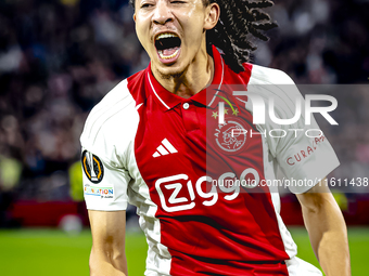 AFC Ajax Amsterdam midfielder Kian Fitz-Jim scores the 1-0 goal and celebrates during the match between Ajax and Besiktas at the Johan Cruij...