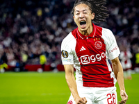 AFC Ajax Amsterdam midfielder Kian Fitz-Jim scores the 1-0 goal and celebrates during the match between Ajax and Besiktas at the Johan Cruij...