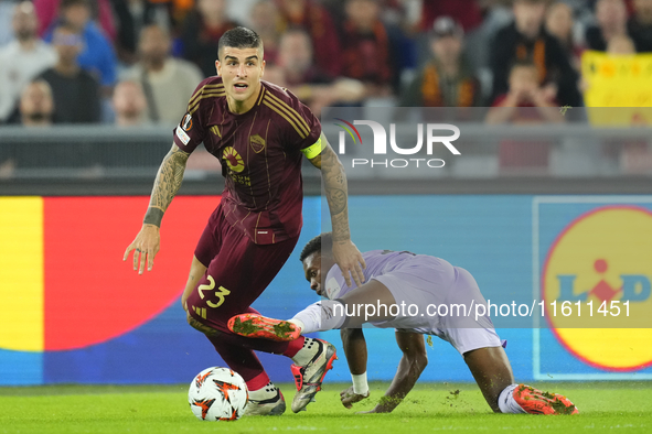 Gianluca Mancini centre-back of Roma and Italy and Alvaro Djalo left winger of Athletic Club and Spain compete for the ball during the UEFA...