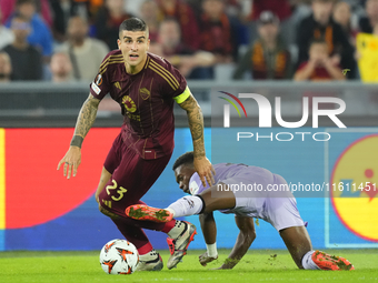 Gianluca Mancini centre-back of Roma and Italy and Alvaro Djalo left winger of Athletic Club and Spain compete for the ball during the UEFA...