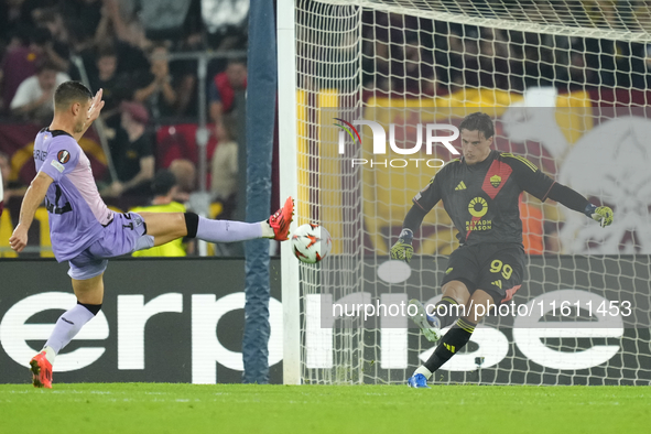 Mile Svilar goalkeeper of Roma and Serbia and Gorka Guruzeta centre-forward of Athletic Club and Spain compete for the ball during the UEFA...