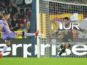 Mile Svilar goalkeeper of Roma and Serbia and Gorka Guruzeta centre-forward of Athletic Club and Spain compete for the ball during the UEFA...