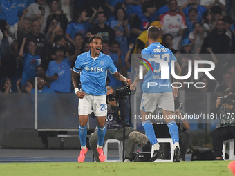 Cyril Ngonge of SSC Napoli celebrates with team mates after scoring during the Coppa Italia match between SSC Napoli and Palermo FC at Stadi...