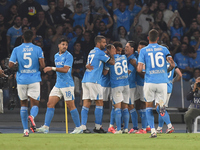 Cyril Ngonge of SSC Napoli celebrates with team mates after scoring during the Coppa Italia match between SSC Napoli and Palermo FC at Stadi...