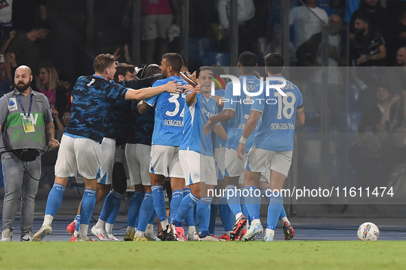 Cyril Ngonge of SSC Napoli celebrates with team mates after scoring during the Coppa Italia match between SSC Napoli and Palermo FC at Stadi...