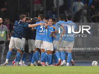 Cyril Ngonge of SSC Napoli celebrates with team mates after scoring during the Coppa Italia match between SSC Napoli and Palermo FC at Stadi...