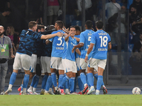 Cyril Ngonge of SSC Napoli celebrates with team mates after scoring during the Coppa Italia match between SSC Napoli and Palermo FC at Stadi...