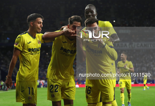 Ilias Akhomach, Alex Baena, Thierno Barry, and Ayoze Perez celebrate a goal during the match between RCD Espanyol and Villarreal CF, corresp...