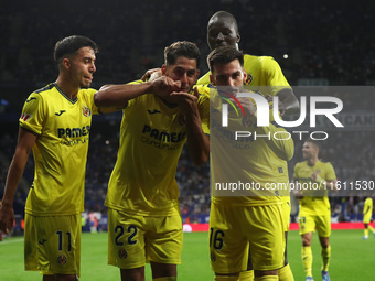 Ilias Akhomach, Alex Baena, Thierno Barry, and Ayoze Perez celebrate a goal during the match between RCD Espanyol and Villarreal CF, corresp...